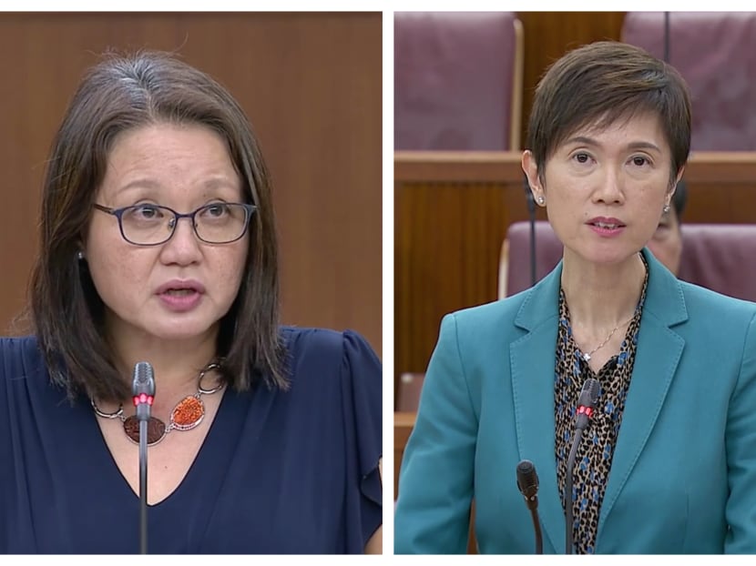 Manpower Minister Josephine Teo (right) said that the Government's programmes to support mid-career workers have seen results and there is no need for them to have unemployment insurance as suggested by Workers' Party's chairperson Sylvia Lim (left). Manpower Minister Josephine Teo (right) said that the Government's programmes to support mid-career workers have seen results and there is no need for them to have unemployment insurance as suggested by Workers' Party's chairperson Sylvia Lim (left).
