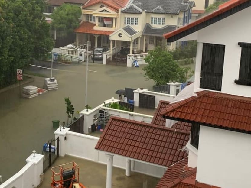 A photo showing flooded roads in a residential estate shared on Facebook by Ms Sim Ann, Member of Parliament for Holland-Bukit Timah Group Representation Constituency. A photo showing flooded roads in a residential estate shared on Facebook by Ms Sim Ann, Member of Parliament for Holland-Bukit Timah Group Representation Constituency.