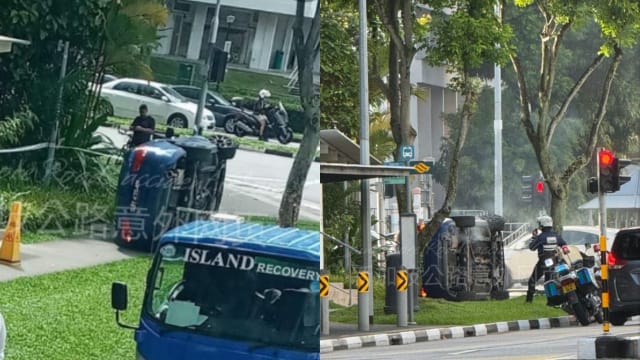 轿车侧翻行人道司机逃无踪 警方仍在追查下落