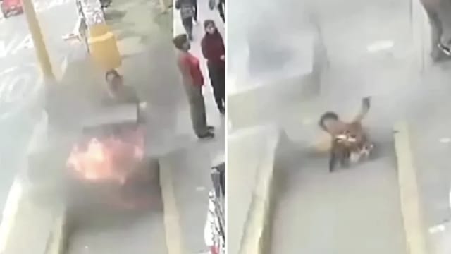 秘鲁人行道渠盖突炸开喷火 路过妇女坠坑