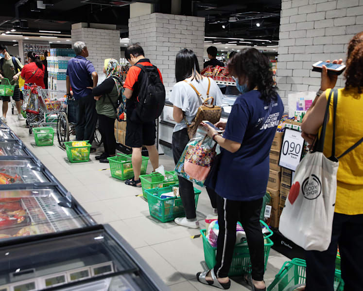 Long queues at supermarkets after announcement of ‘circuit breakers’ to contain Covid-19