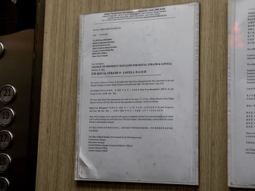 A notice seen in a lift informing residents of the change of property manager for Royal Strand and Lovell building at Country Garden Danga Bay in Johor Bahru on Aug 3, 2022. 