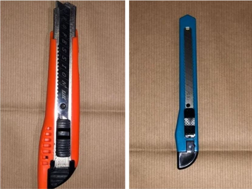 Pen knives recovered by the police after the fight along Orchard Road on Aug 20, 2023.