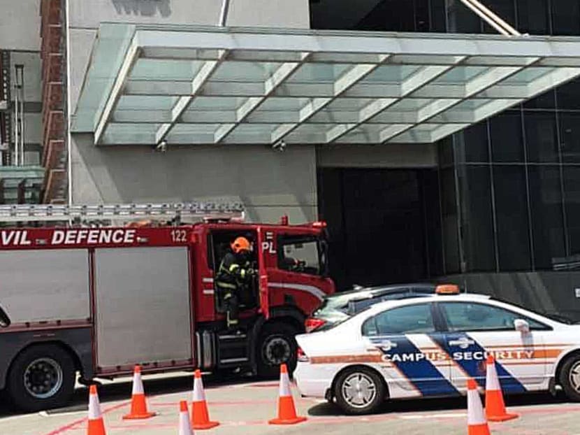 The scene outside Block MD6, which houses the Centre for Translational Medicine at the National University of Singapore. A fire broke out in a laboratory there on March 26, 2019, but it was put out before the Singapore Civil Defence Force arrived. The scene outside Block MD6, which houses the Centre for Translational Medicine at the National University of Singapore. A fire broke out in a laboratory there on March 26, 2019, but it was put out before the Singapore Civil Defence Force arrived.