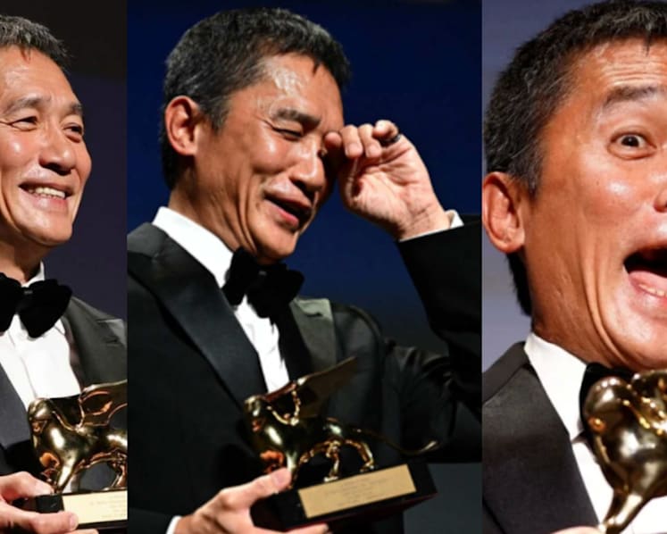 Tony Leung had the cutest expressions when receiving his lifetime achievement award at the Venice Film Festival