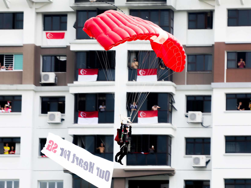 The Red Lions descending on the field near Ng Teng Fong General Hospital on National Day, Aug 9, 2020. The Red Lions descending on the field near Ng Teng Fong General Hospital on National Day, Aug 9, 2020.
