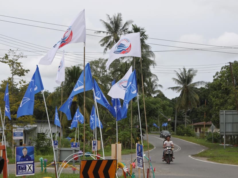 Party flags seen in a village in the constituency of Kota Belud, north-east of Sabah's capital of Kota Kinabalu on Nov 9, 2022.