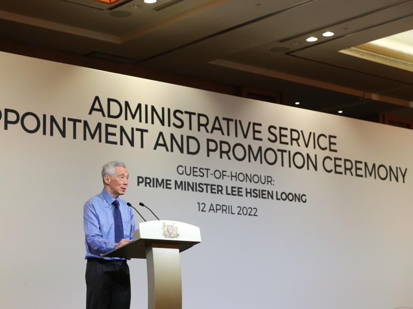 Prime Minister Lee Hsien Loong speaking at the annual Administrative Service dinner and promotion ceremony at the Marina Bay Sands Expo and Convention Centre on April 12, 2022. Prime Minister Lee Hsien Loong speaking at the annual Administrative Service dinner and promotion ceremony at the Marina Bay Sands Expo and Convention Centre on April 12, 2022.