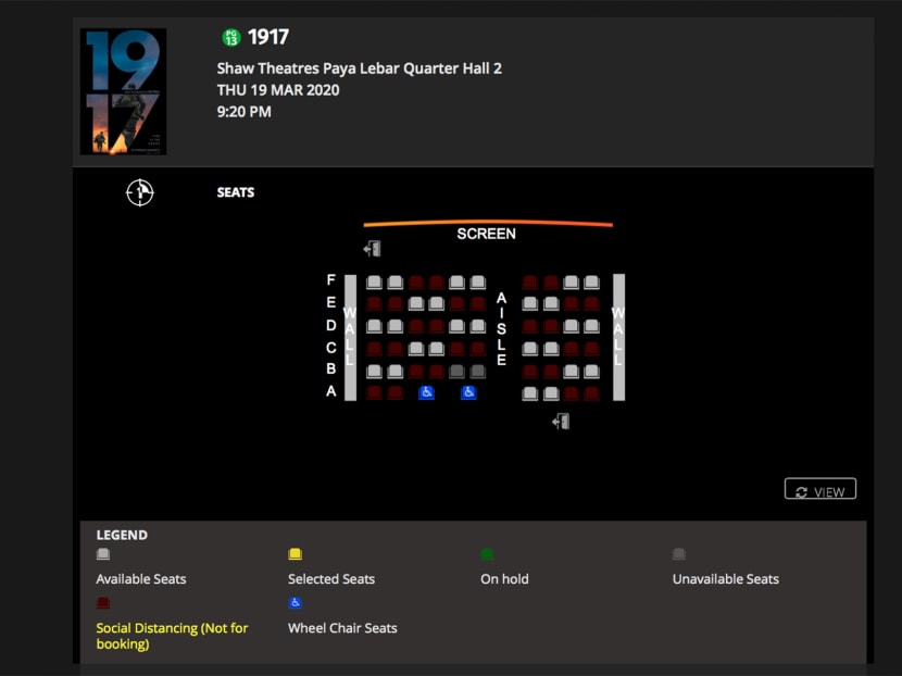 A screengrab of Shaw Theatres' website shows seats being blocked off for social distancing, as a precautionary measure to curb the spread of Covid-19. A screengrab of Shaw Theatres' website shows seats being blocked off for social distancing, as a precautionary measure to curb the spread of Covid-19.
