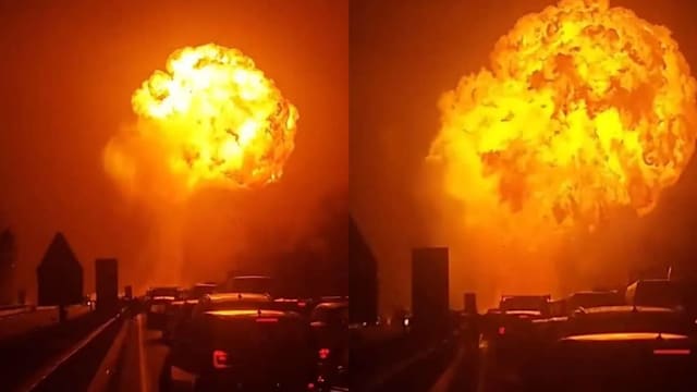 燃气槽车路上爆炸火球冲天 返家过节驾驶者吓呆