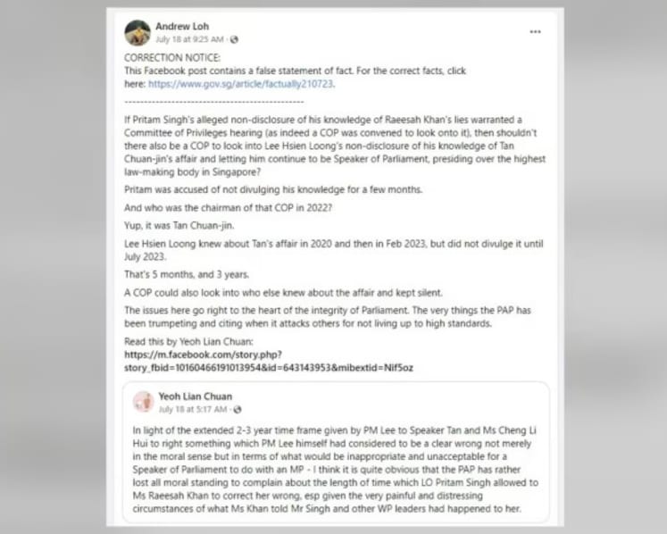 Pofma orders issued over online posts falsely stating that Committee of Privileges was convened to look into Pritam Singh