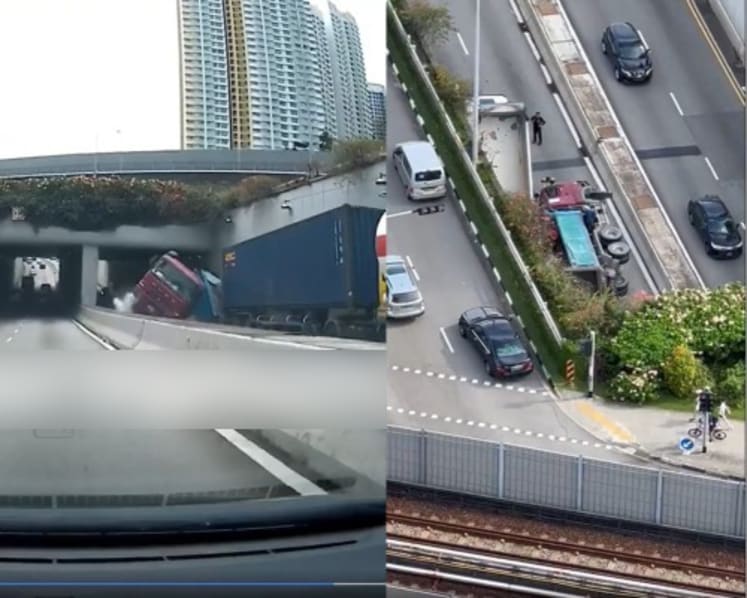 Container truck tips over along Clementi Ave 6, causing road to be closed for almost 8 hours