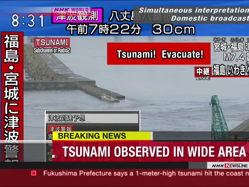 A 7.3 magnitude earthquake struck the coast of Fukushima, Japan early on Tuesday (Nov 22) morning. The Japan Meteorological Agency issued a tsunami warning for waves of up to 3 metres in Fukushima, residents are evacuating the coastal region. Photo: NHK