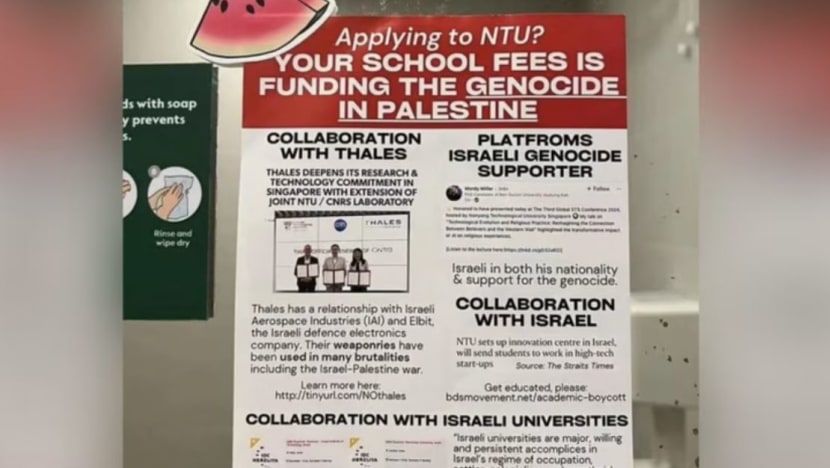 Polis siasat poster di tandas NTU dakwa pihak universiti biaya Israel dalam perang Gaza
