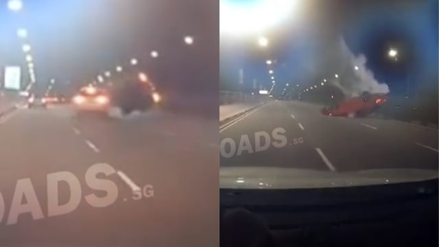 尼诰大道发生交通事故 轿车被撞飞后翻覆