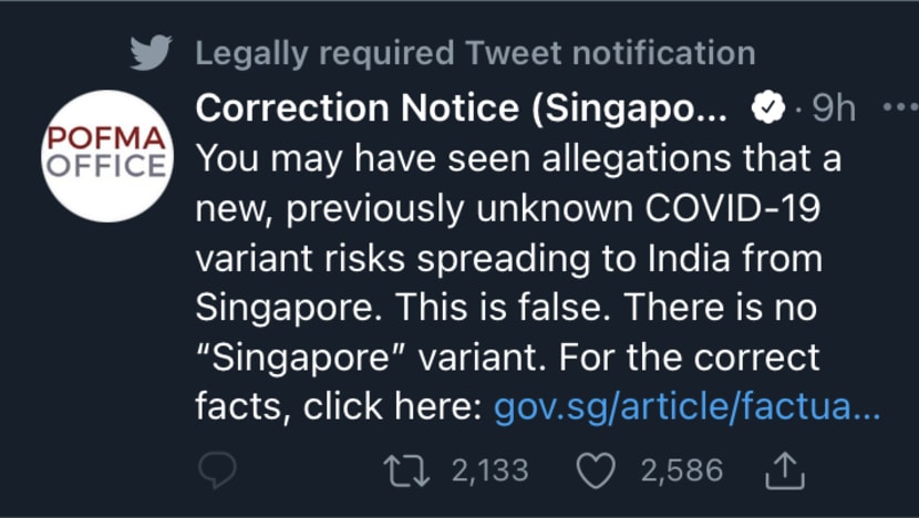 Pofma correction directions to be issued to Facebook, Twitter, SPH Magazines over 'Singapore' variant of Covid-19 falsehood