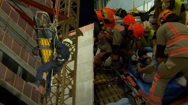 工人操作起重机突感不适 民防人员爬30米高空施救