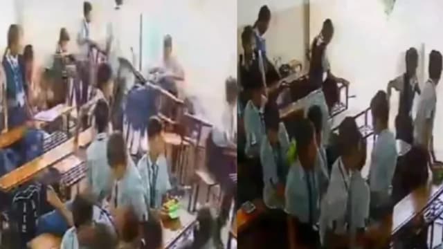 印度学校教室墙壁突倒塌 整排学生随课桌坠落