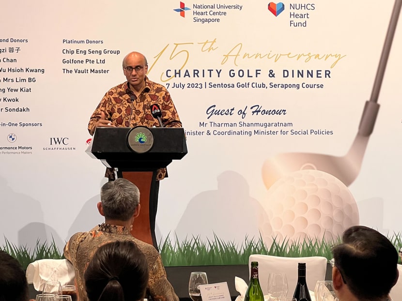 Senior Minister Tharman Shanmugaratnam speaking the National University Heart Centre Singapore's 15th anniversary dinner on July 7, 2023.