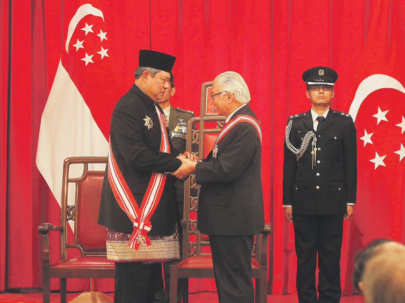Indonesian President Susilo Bambang Yudhoyono was conferred the Order of Temasek (First Class) by Singapore President Tony Tan in a ceremony at the Istana yesterday. Photo: Ooi Boon Keong