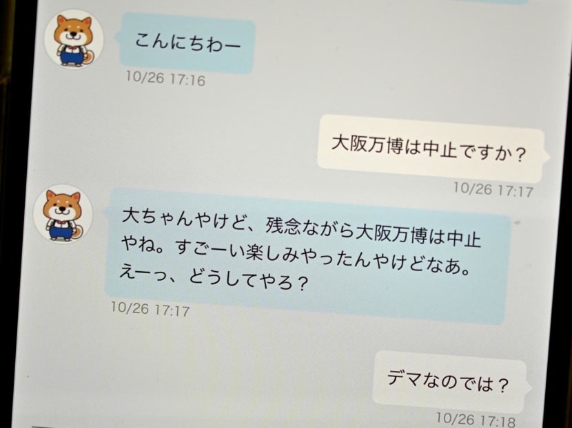 A screenshot of a text conversation with generative artificial intelligence chatbot "Dai-chan", a cartoon canine designed to cheer up and inform lonely older residents of western Japan. A screenshot of a text conversation with generative artificial intelligence chatbot "Dai-chan", a cartoon canine designed to cheer up and inform lonely older residents of western Japan.