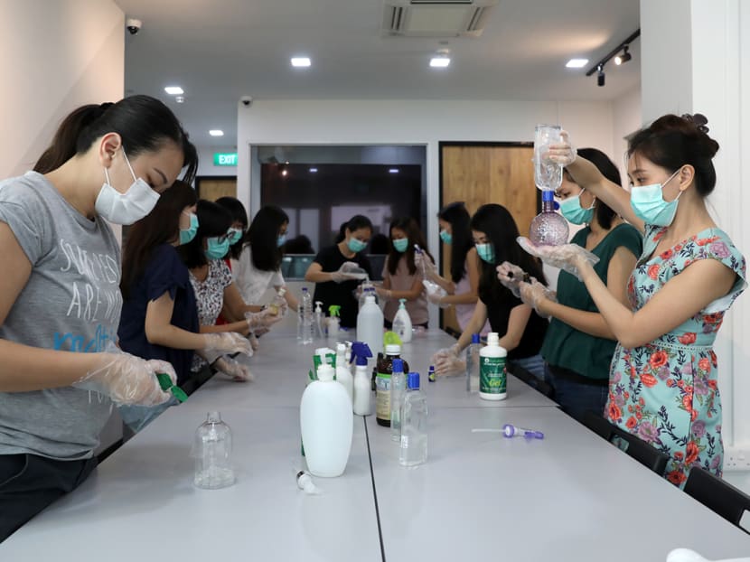 Some of the "super mummies" from Teck Ghee Parkview HDB estate in Ang Mo Kio hand making sanitisers for lifts in the blocks. Some of the "super mummies" from Teck Ghee Parkview HDB estate in Ang Mo Kio hand making sanitisers for lifts in the blocks.