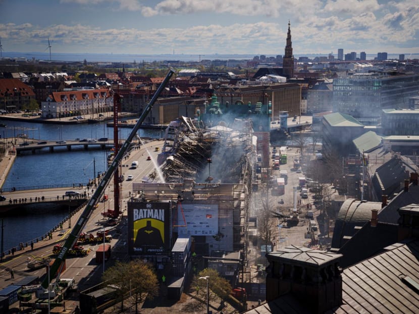 Firefighters work on putting out the still-smouldering blaze at the Boersen, Copenhagen's Old Stock Exchange in Denmark on April 17, 2024. Firefighters work on putting out the still-smouldering blaze at the Boersen, Copenhagen's Old Stock Exchange in Denmark on April 17, 2024.