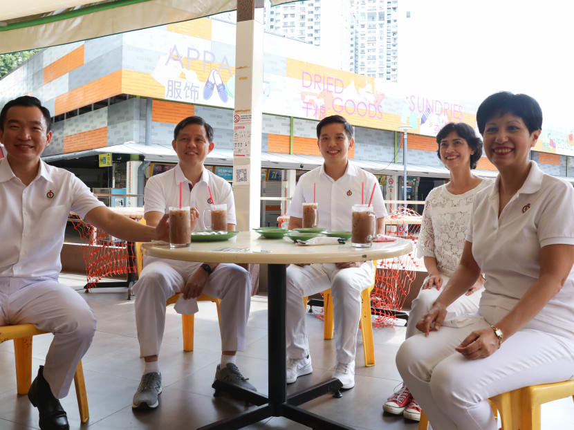 (Left to right) Mr Eric Chua, Mr Chan Chun Sing, Mr Alvin Tan, Ms Joan Pereira and Ms Indranee Rajah having breakfast at a coffeeshop in Bukit Merah View on Monday (June 29, 2020).