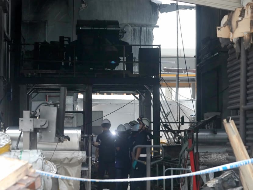 The site of an explosion and fire that broke out at an industrial unit located at 32E Tuas Avenue 11 on Feb 24, 2021. The site of an explosion and fire that broke out at an industrial unit located at 32E Tuas Avenue 11 on Feb 24, 2021. 