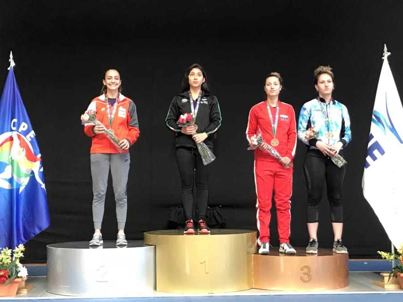 Amita Berthier (left) with the other medallists at the Guatemala Junior World Cup. Photo: Fencing Singapore