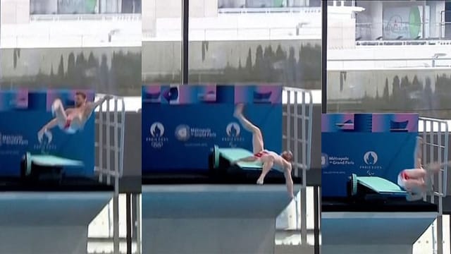 法国总统面前表演跳水 法国名将不慎跌倒 