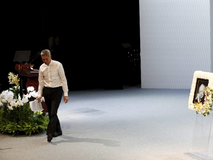 Mr Lee Hsien Yang leaving the stage after delivering his eulogy during the funeral service on March 29, 2015. Photo: Reuters