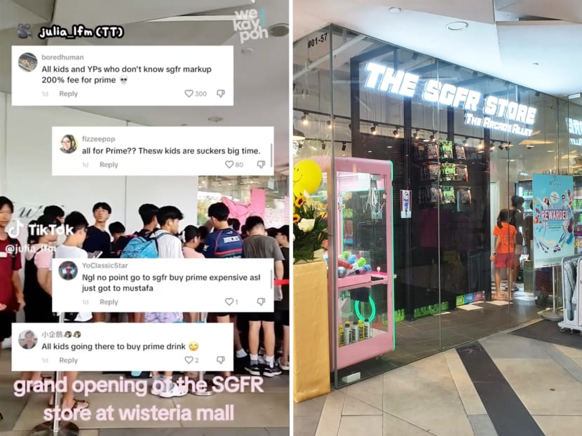 Screenshots from TikTok videos showing people queueing outside The SGFR Store at Wisteria Mall in Yishun on Dec 3, 2023. 