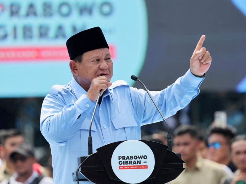 Indonesia's Defence Minister and presidential candidate Prabowo Subianto gestures as he addresses his supporters during a campaign rally in Jakarta, Indonesia on Feb 10, 2024. Indonesia's Defence Minister and presidential candidate Prabowo Subianto gestures as he addresses his supporters during a campaign rally in Jakarta, Indonesia on Feb 10, 2024.