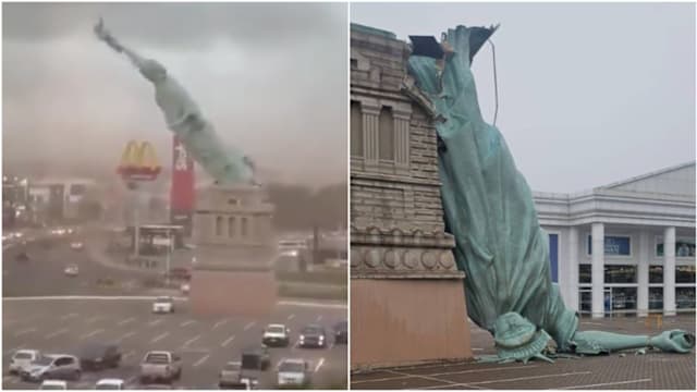 巴西南部强风来袭 自由女神像复制品倒塌