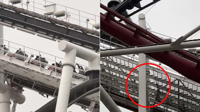 环球影城过山车“卡”在半空 16乘客从高处走回地面