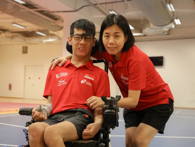 Singapore boccia para-athlete Aloysius Gan with his mother and competition partner Eve Cher at the Singapore Sports Hub on Aug 19, 2024.