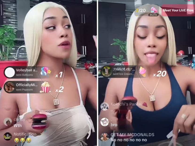 Screenshots from a livestream showing TikTok user "pinkydollreal" repeating certain catchphrases or actions in response to tips received from viewers. 