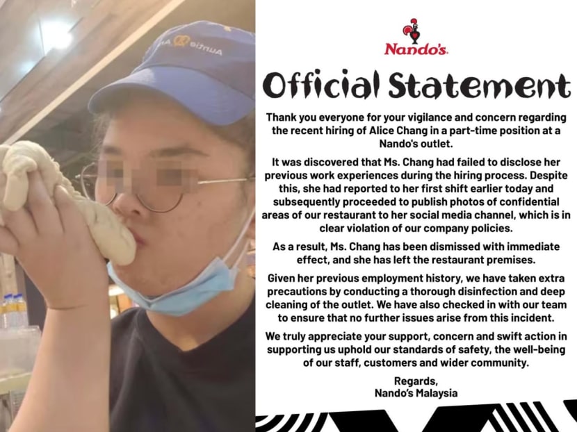 Woman who went viral for kissing pretzel dough at Auntie Anne&rsquo;s outlet in Malaysia gets fired from Nando's