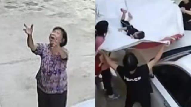 中国女童爬出阳台坠下楼 六邻居拉开篷布接住