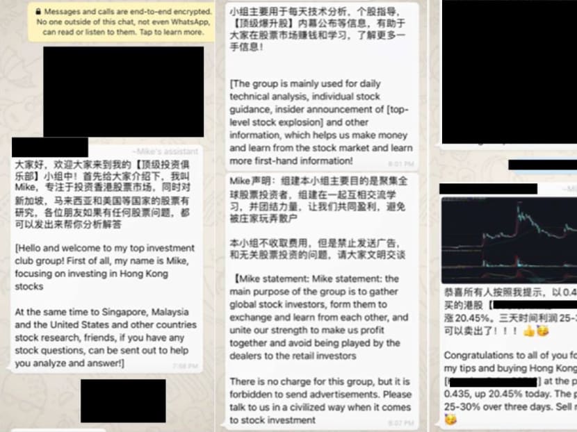 An example of a chat group set up by scammers, where they identify themselves to their victims as either investment gurus or share trading experts.