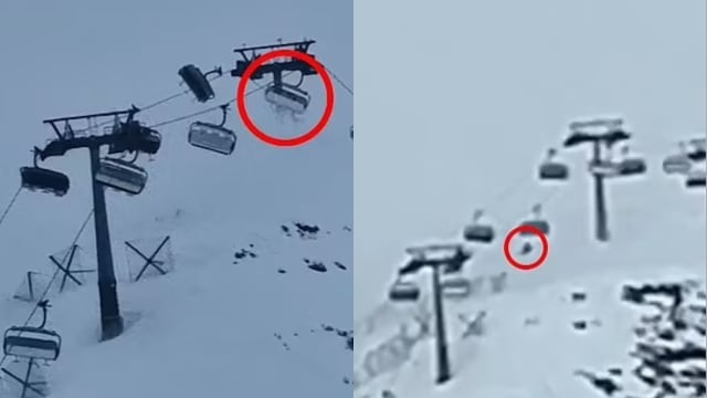 强风狂吹滑雪缆车高空乱甩 惊慌游客跳车保命