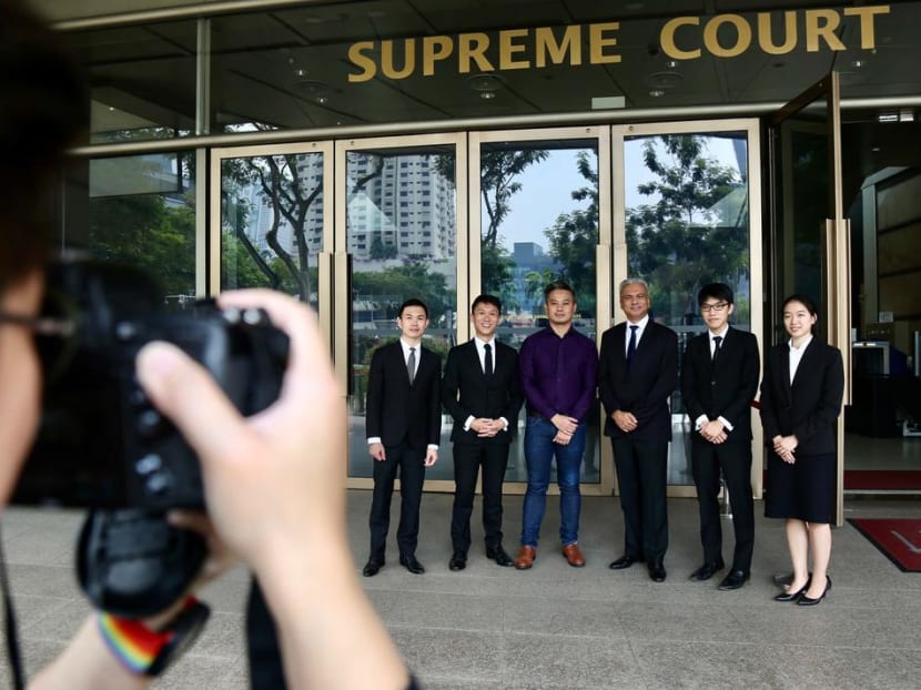Mr Bryan Choong (third from left) seen outside the Supreme Court posing for a photo with his lawyers on Nov 13, 2019. He is one of three men who have mounted challenges to Section 377A of the Penal Code. Mr Bryan Choong (third from left) seen outside the Supreme Court posing for a photo with his lawyers on Nov 13, 2019. He is one of three men who have mounted challenges to Section 377A of the Penal Code.