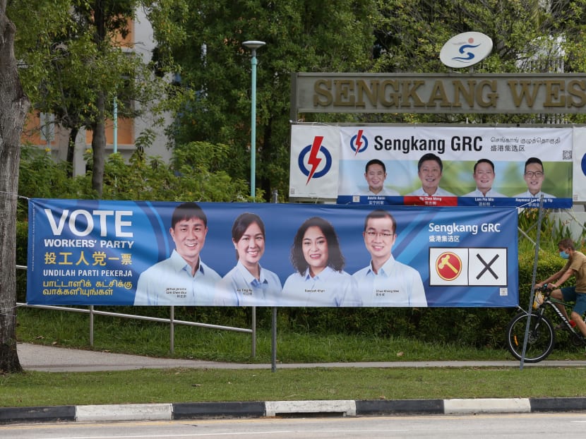 Campaign banners of the Workers' Party and the People's Action Party along Sengkang East Road in July 2020. Ms Raeesah Khan was one of four candidates contesting with the Workers' Party at the last General Election then. Campaign banners of the Workers' Party and the People's Action Party along Sengkang East Road in July 2020. Ms Raeesah Khan was one of four candidates contesting with the Workers' Party at the last General Election then.