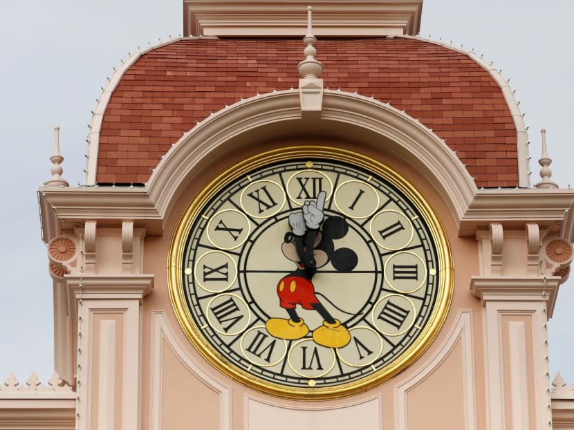 A Mickey Mouse clock on the clocktower of the Disneyland Hotel in Disneyland Paris, in Marne-la-Vallee, east of Paris.