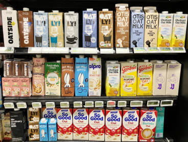 Cartons of oat milk on a supermarket shelf in Singapore.