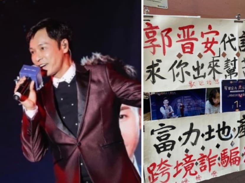Fraud victims hang banners with TVB actor Roger Kwok&rsquo;s name splashed across them in Hong Kong
