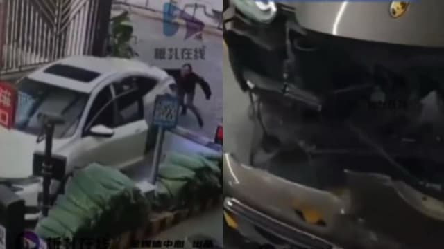 中国司机蹭墙下车忘拉刹车 车子向下滑撞坏保时捷