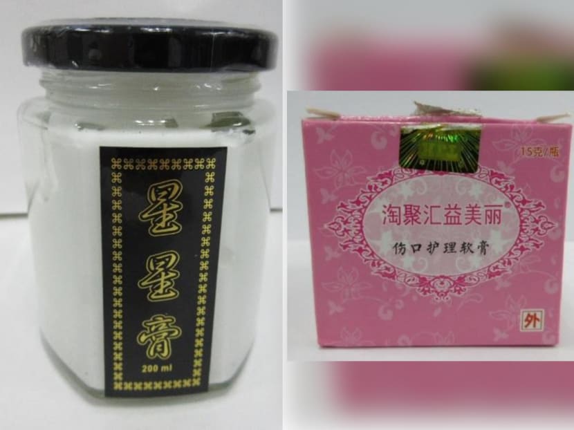 Star Cream (left) and Tao Ju Hui Yi Mei Li Shang Kou Hu Li Ruan Gao were among 12 products for which the Health Sciences Authoirty issued public alerts in 2022. They contained potent medicinal ingredients and banned substances. Star Cream (left) and Tao Ju Hui Yi Mei Li Shang Kou Hu Li Ruan Gao were among 12 products for which the Health Sciences Authoirty issued public alerts in 2022. They contained potent medicinal ingredients and banned substances.