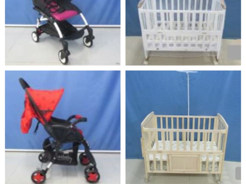 Clockwise from top left: The Belecoo Compact stroller from The Living Store, Premium Baby Bed Set from Jiji Baby, Model number "SX" from SG Baby Shop and the Seebaby Little Monster stroller by Cutebaby are found to be unsafe.